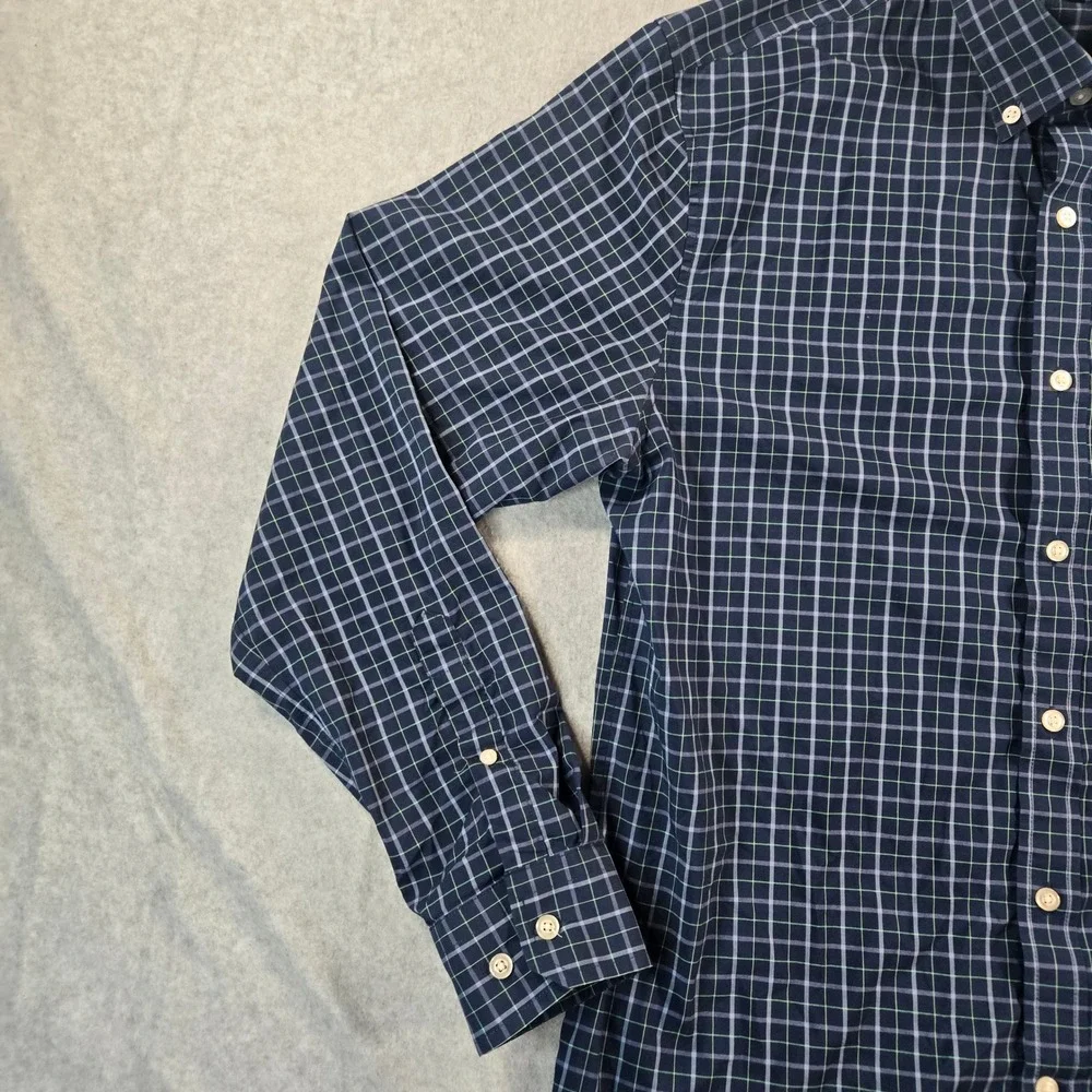 Banana Republic Mens L Slim Flex Fit Tech Stretch Cotton Navy Plaid Shirt 427632